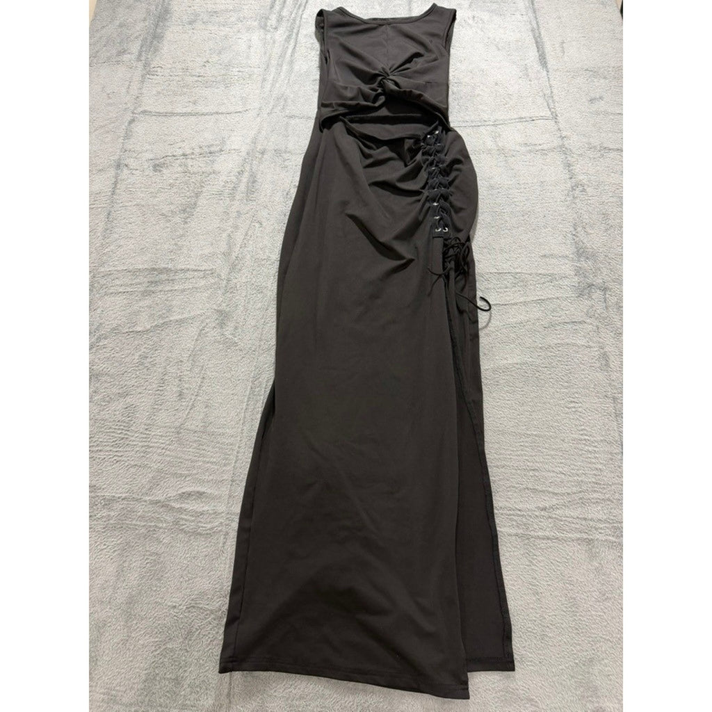 Black Twist Front Lace Up Side Cutout Slit Sleeveless Bodycon Maxi Dress