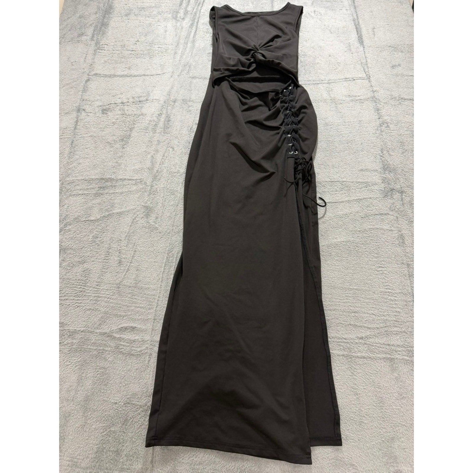 Black Twist Front Lace Up Side Cutout Slit Sleeveless Bodycon Maxi Dress
