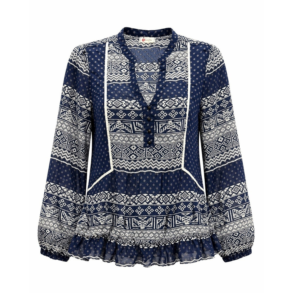 Olsenboye Boho Peplum Blouse Womens Large Blue Tribal Print Sheer Ruffle Top