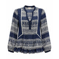 Olsenboye Boho Peplum Blouse Womens Large Blue Tribal Print Sheer Ruffle Top