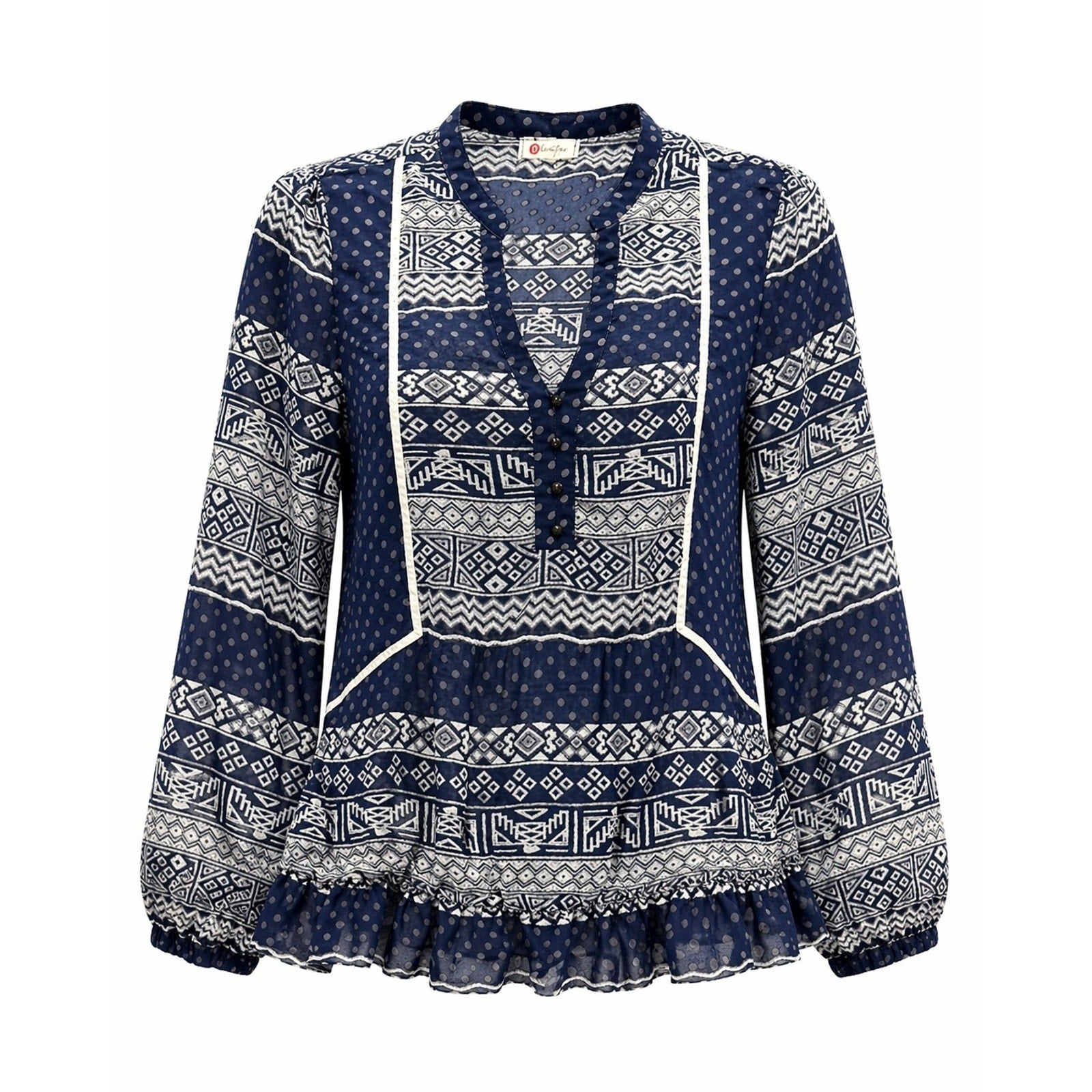 Olsenboye Boho Peplum Blouse Womens Large Blue Tribal Print Sheer Ruffle Top