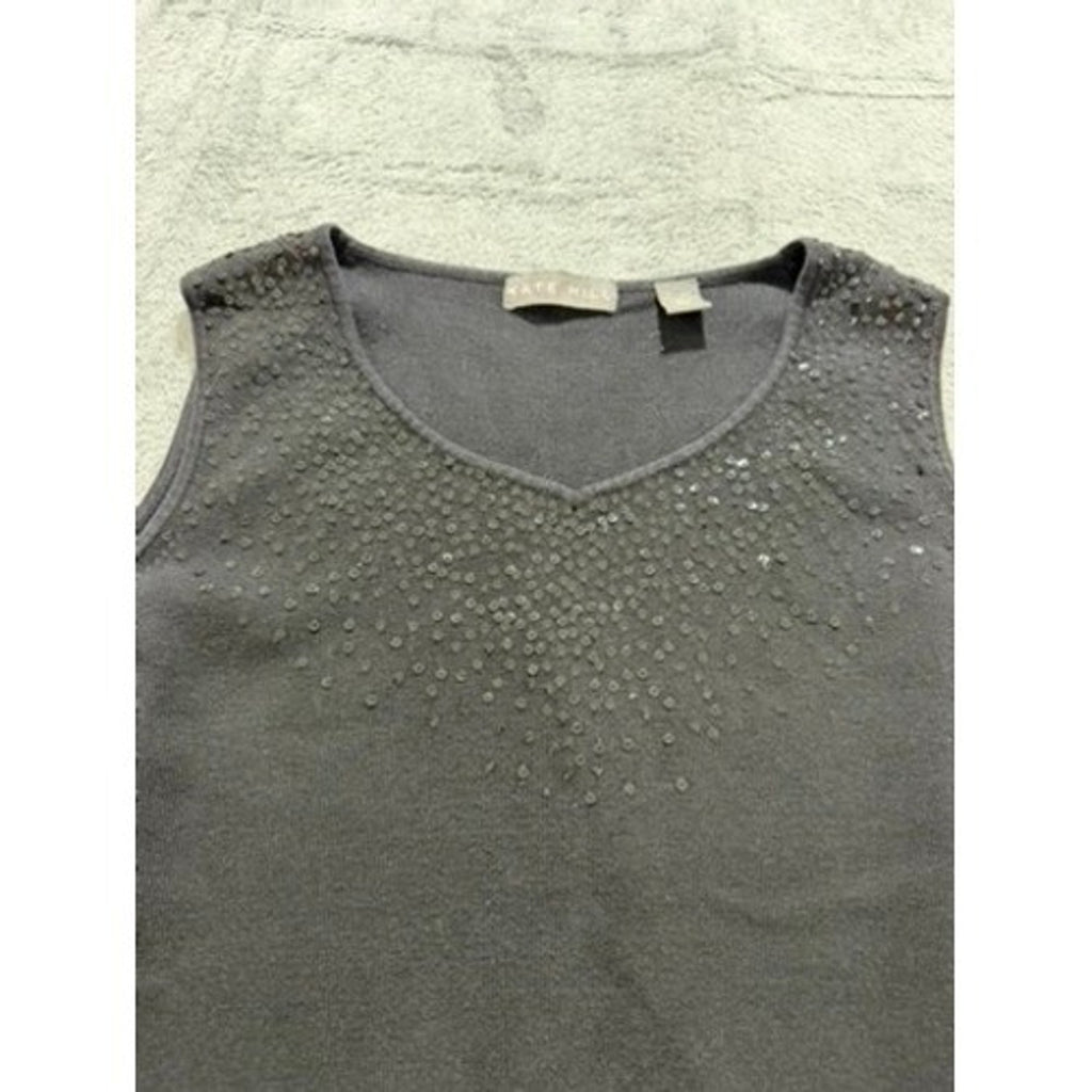 Kate Hill Womens XL Black Silk Cotton Blend Sequin V-Neck Knit Tank Top Shell