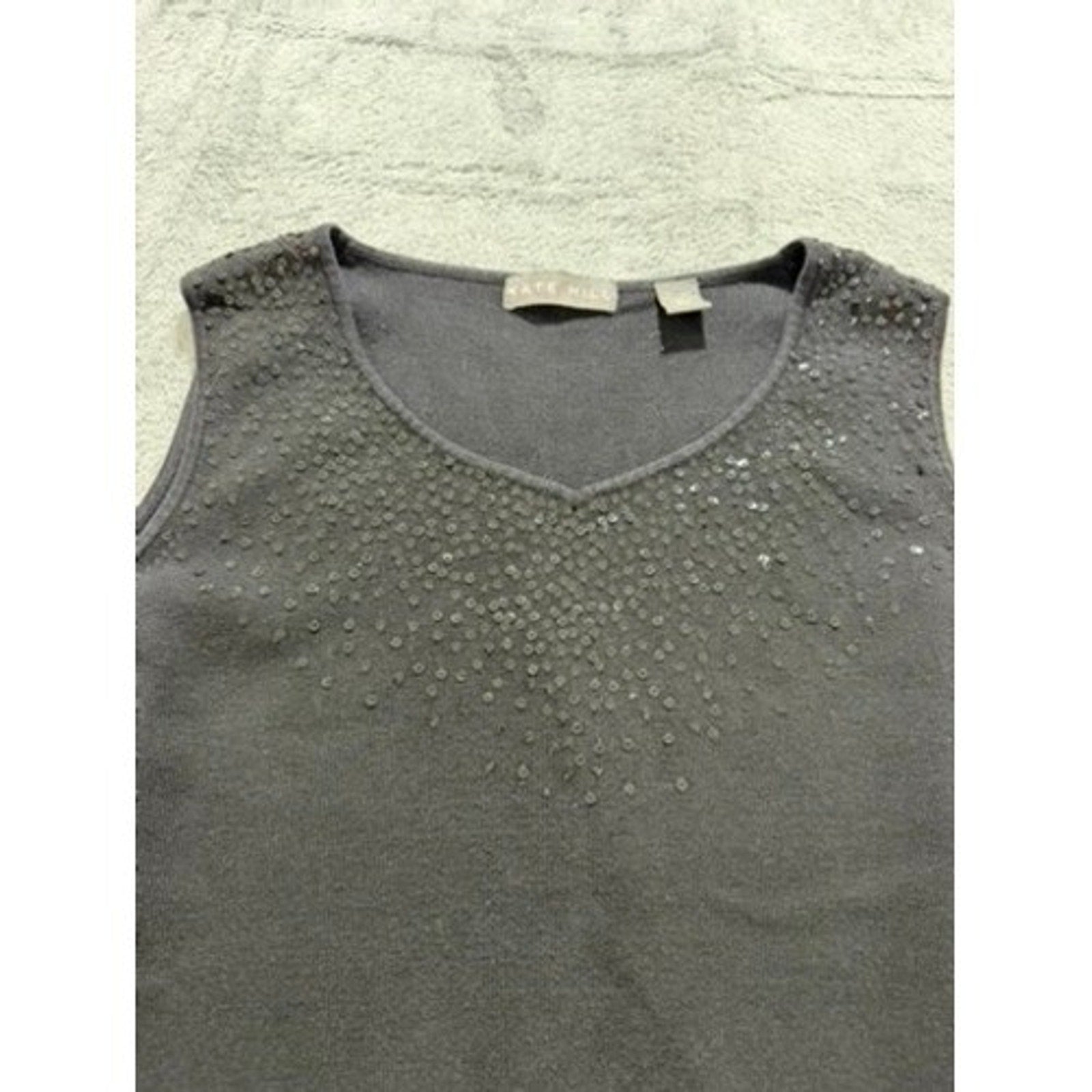 Kate Hill Womens XL Black Silk Cotton Blend Sequin V-Neck Knit Tank Top Shell