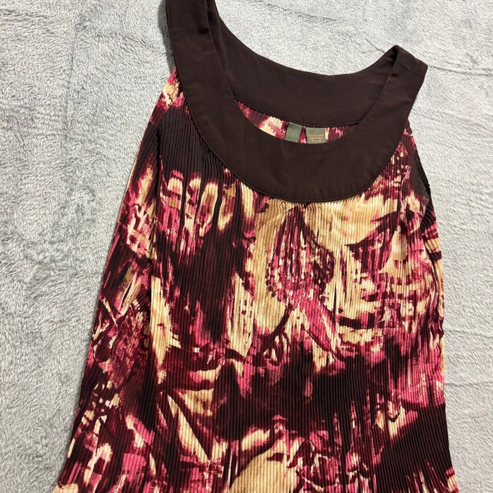 Serenade New York Womens L Brown Pink Abstract Pleated Tank Top Boho Casual