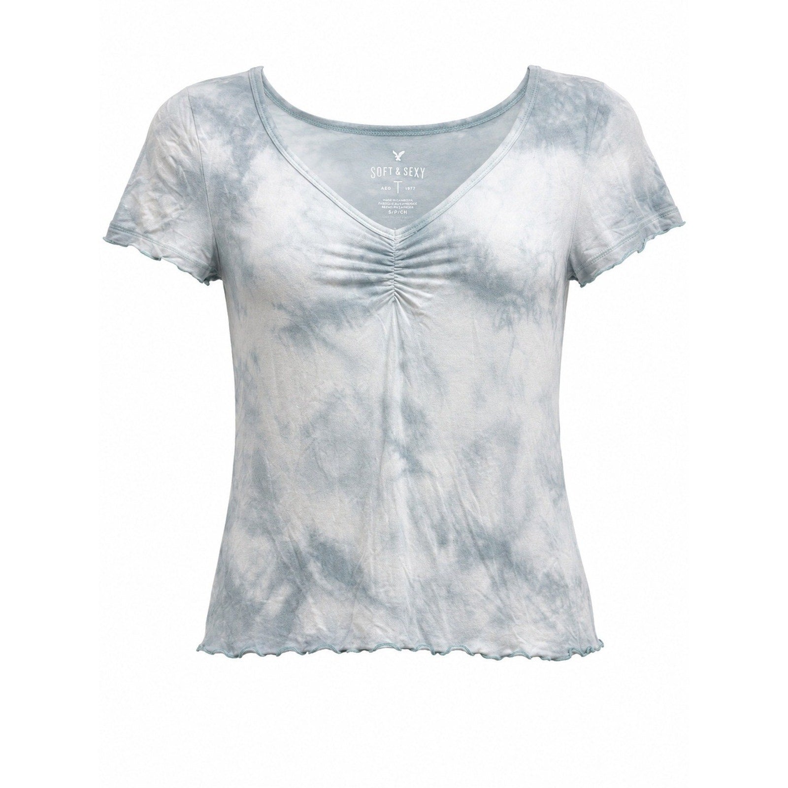 American Eagle Soft & Sexy Tie Dye Ruched V-Neck Lettuce Edge Baby Tee Blue S