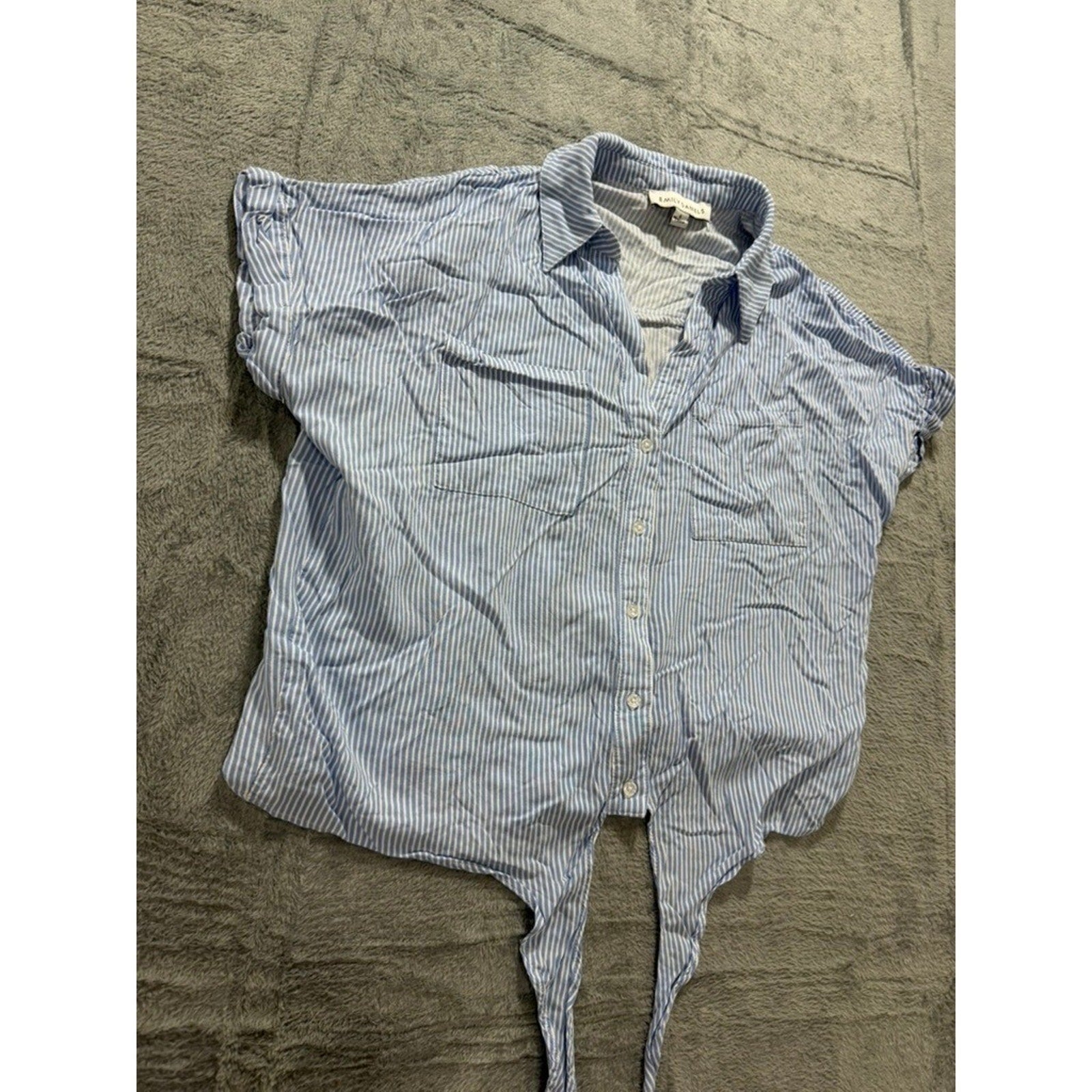 Emily Daniels Button Up Top Womens L Blue White Stripe Tie Front Casual