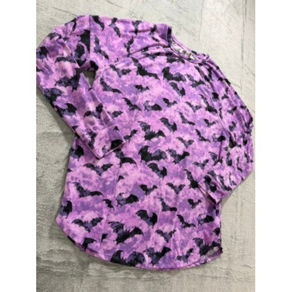 LuLaRoe Womens Purple Tie Dye Black Bat Long Sleeve Raglan Top XL Halloween Goth