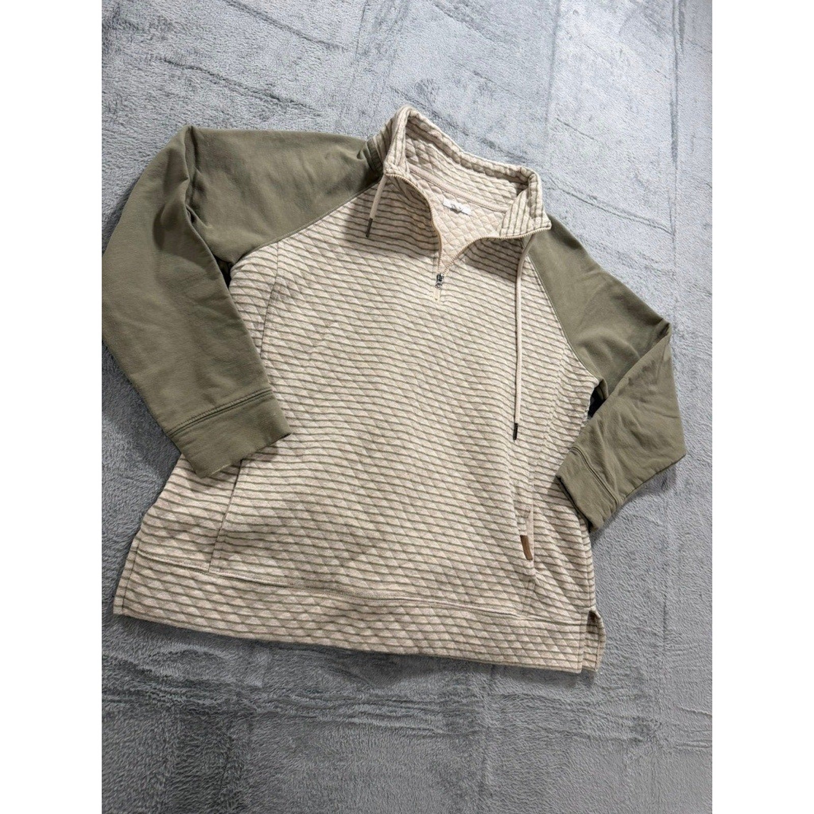 Maurices Womens Quilted Quarter Zip Pullover Sage Green Striped Size L Pocket