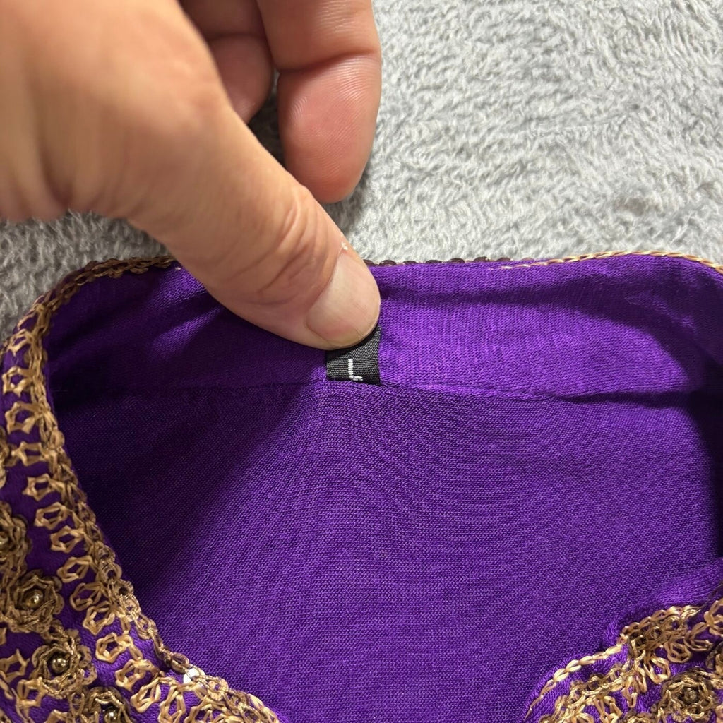 Womens L Purple Embroidered Gold Sequin Tunic Top Boho Festival Casual