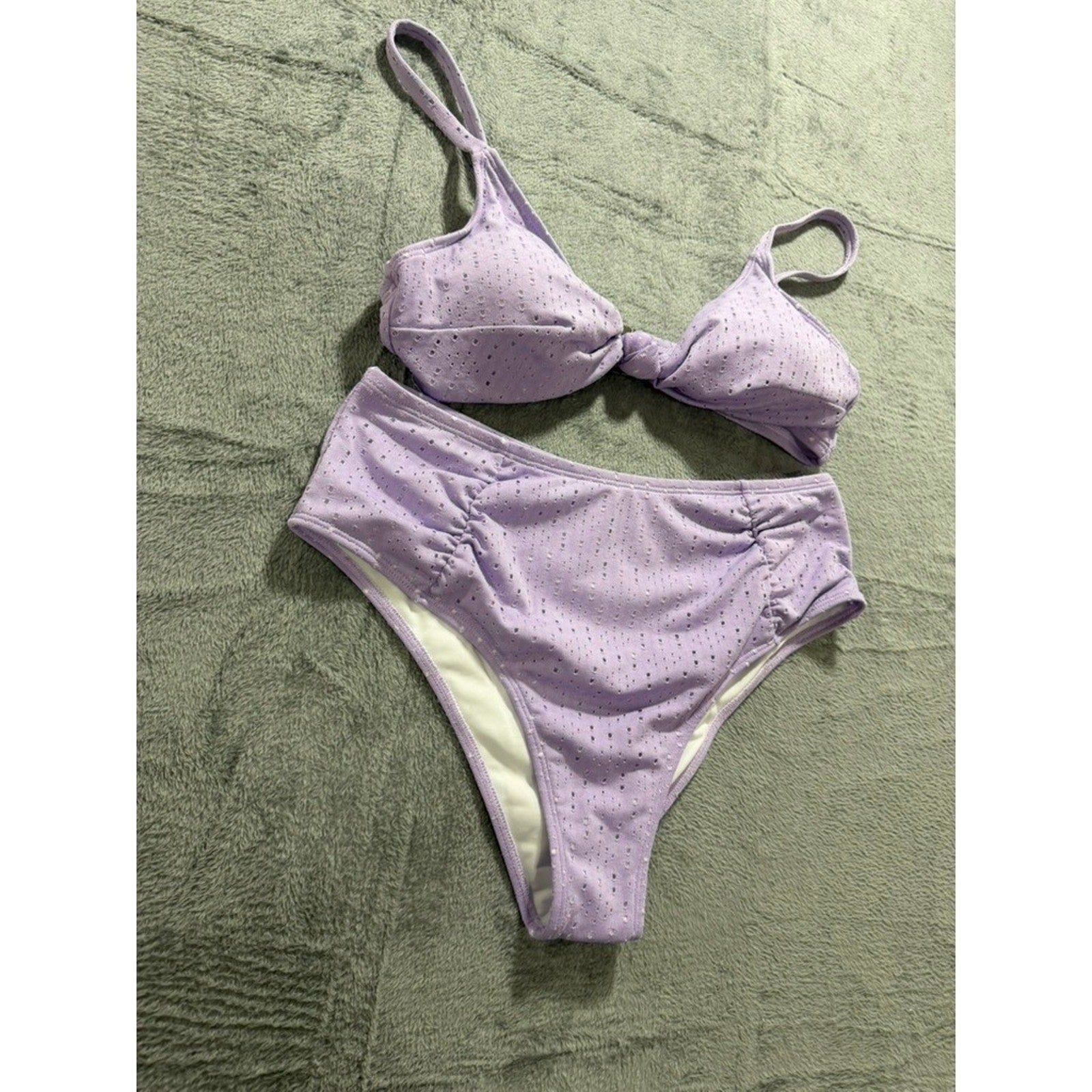 Lavender Eyelet Knot Front High Waisted Bikini Set Purple 1XL Plus Size Swimwear
