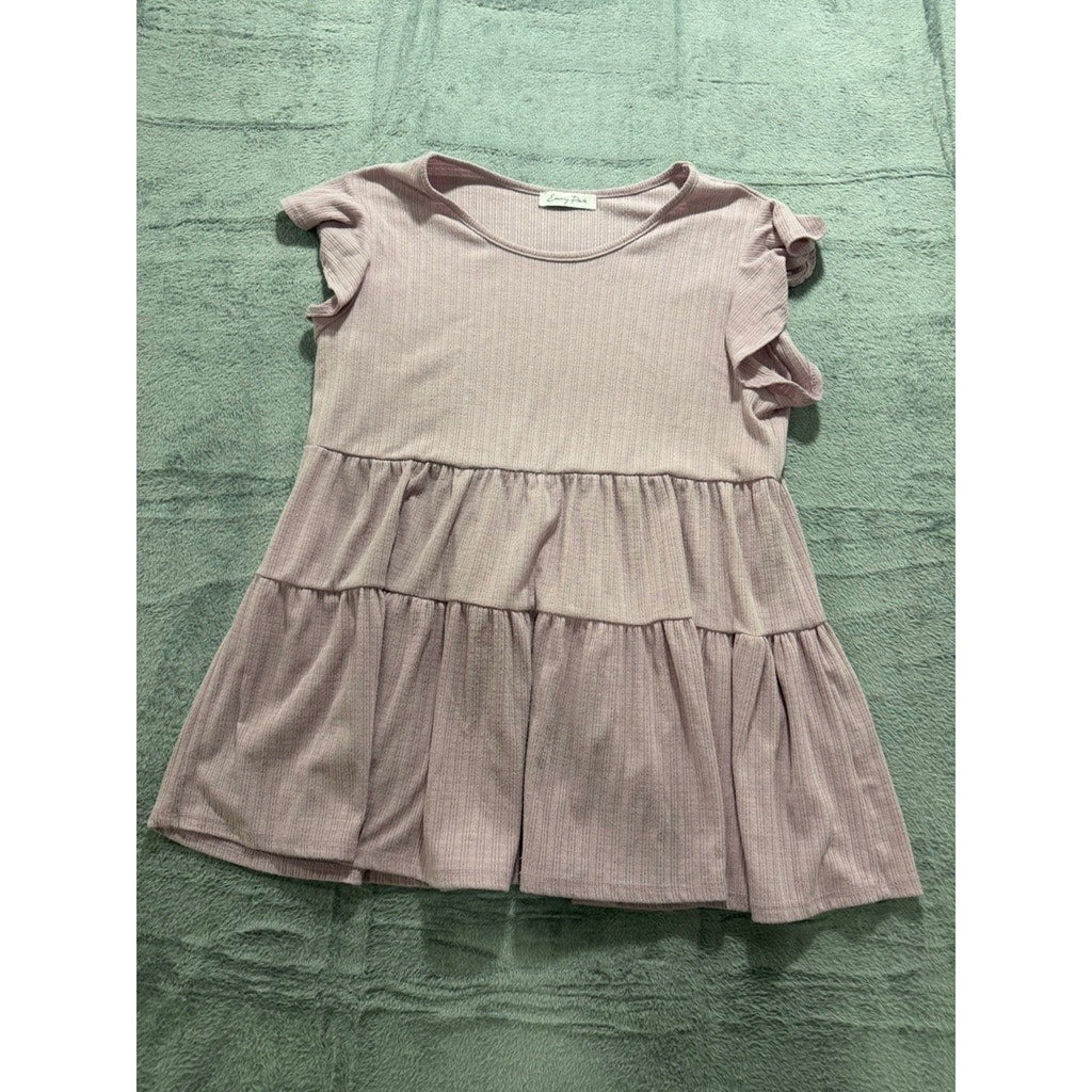 Emory Park Womens Mauve Pink Ribbed Tiered Babydoll Flutter Sleeve Top Size M