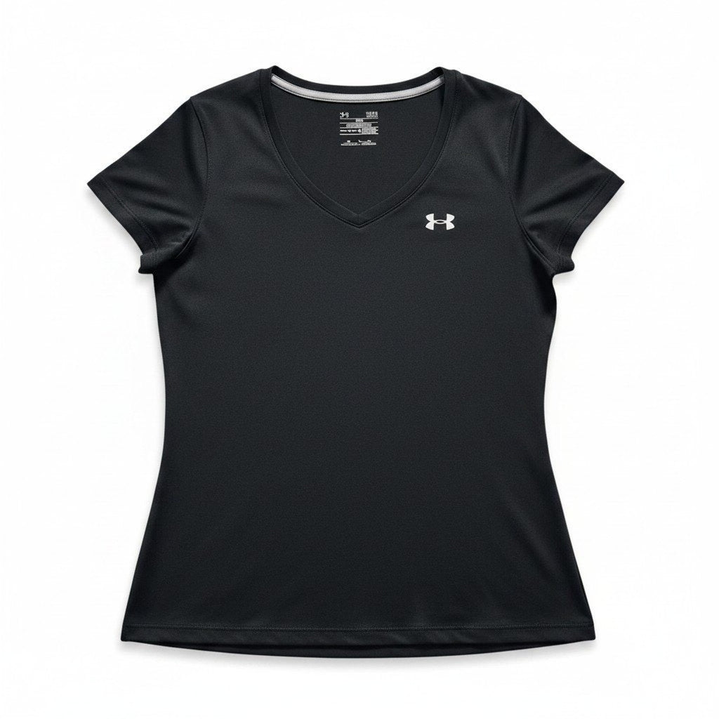 Under Armour Womens LG Black HeatGear V-Neck Loose Fit T-Shirt Athleisure Sporty