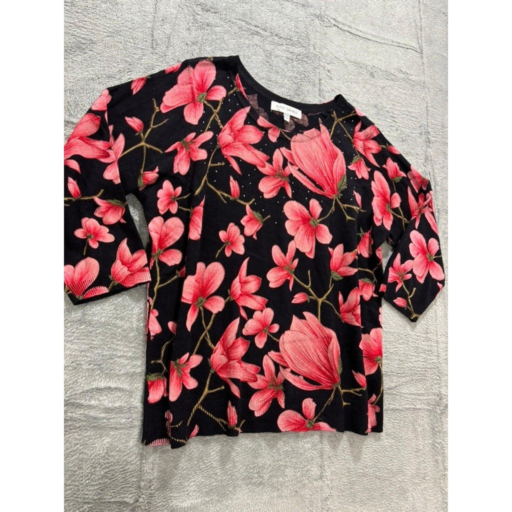 Emily Daniels Sweater Women PXL Black Pink Floral Knit 3/4 Sleeve Acrylic
