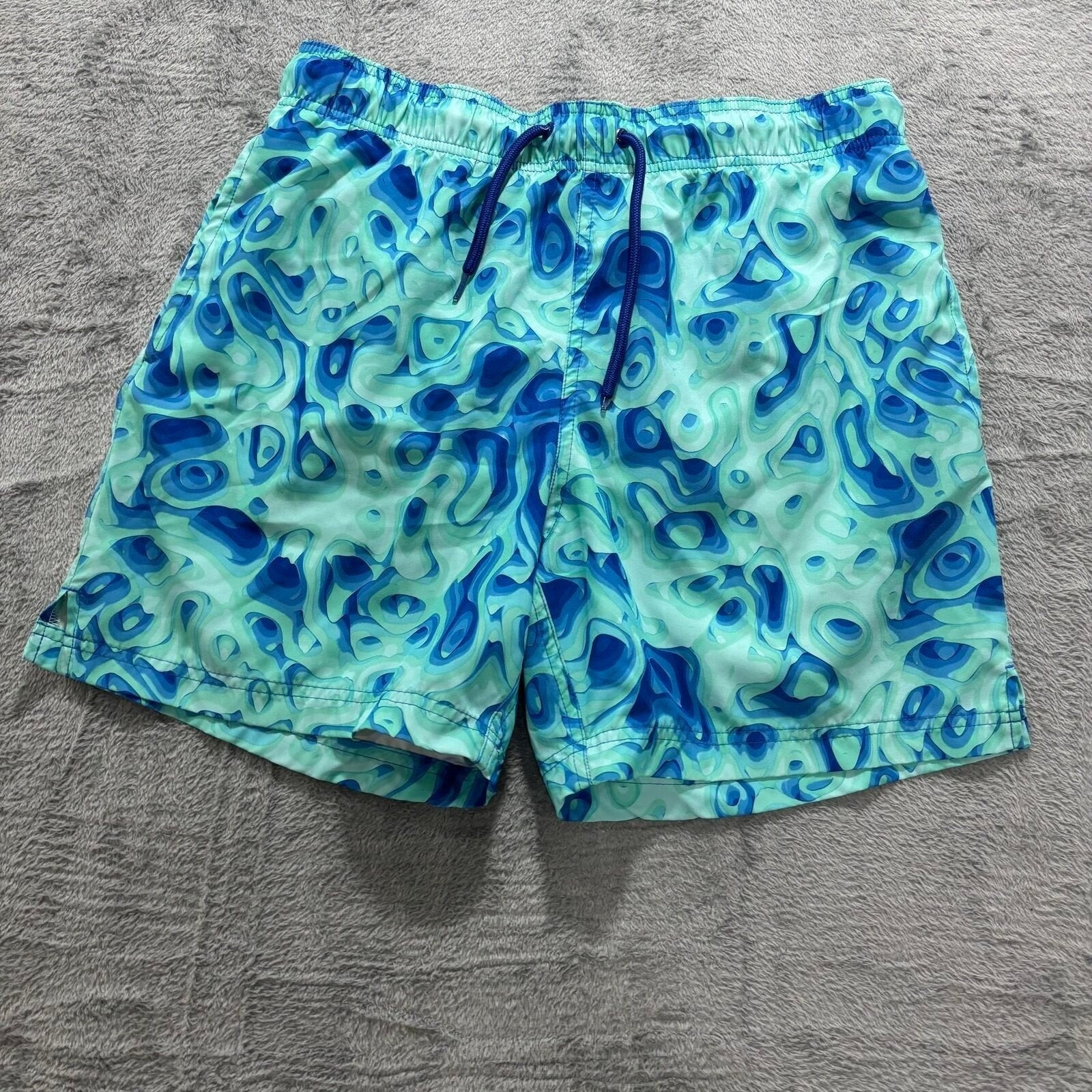 George M Blue Green Abstract Swirl Print Swim Trunks Shorts Casual Beachwear