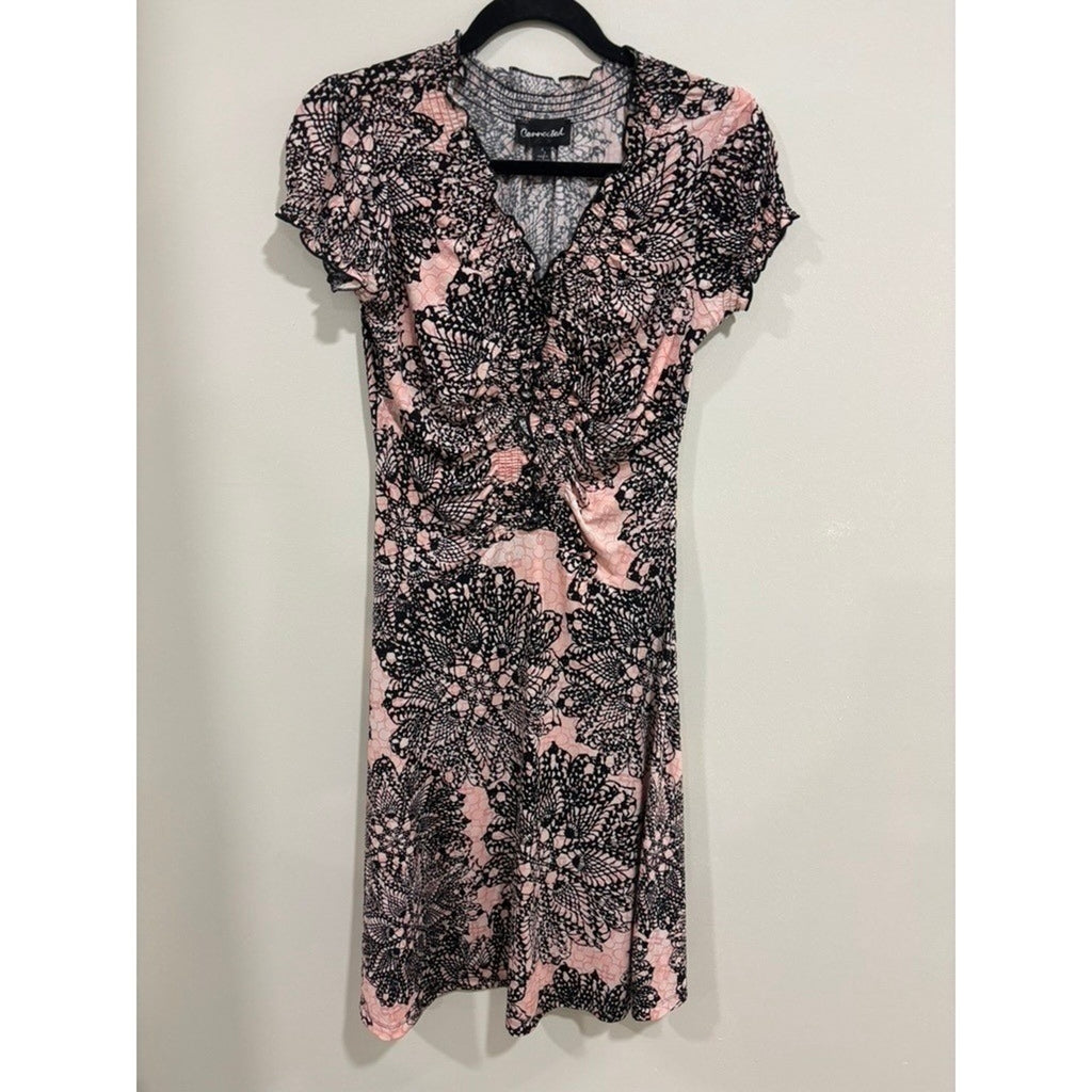 Connected Pink Black Lace Print Sheath Dress Ruched Stretch 4 Chic y2k Babydoll