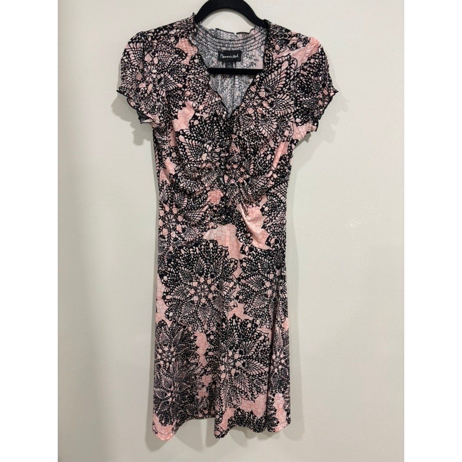 Connected Pink Black Lace Print Sheath Dress Ruched Stretch 4 Chic y2k Babydoll
