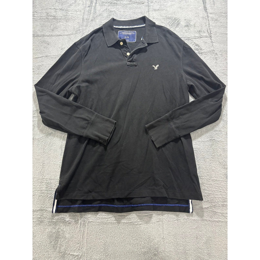 American Eagle XL Black Long Sleeve Polo Shirt Mens Vintage Fit Casual Preppy
