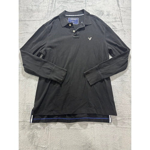 American Eagle XL Black Long Sleeve Polo Shirt Mens Vintage Fit Casual Preppy