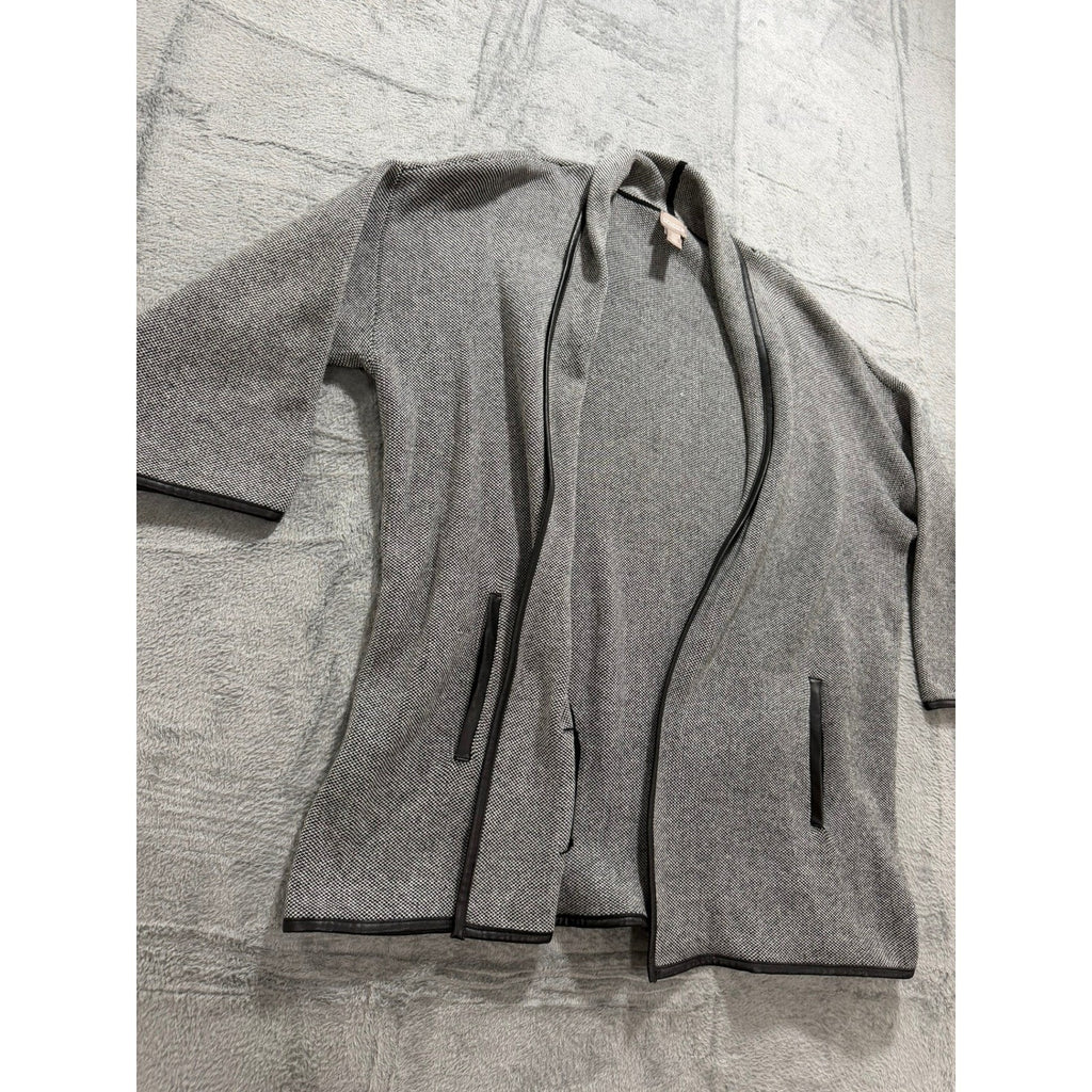 Chicos Grey Black Birds Eye Knit Open Front Cardigan Faux Leather Trim Size 2 L