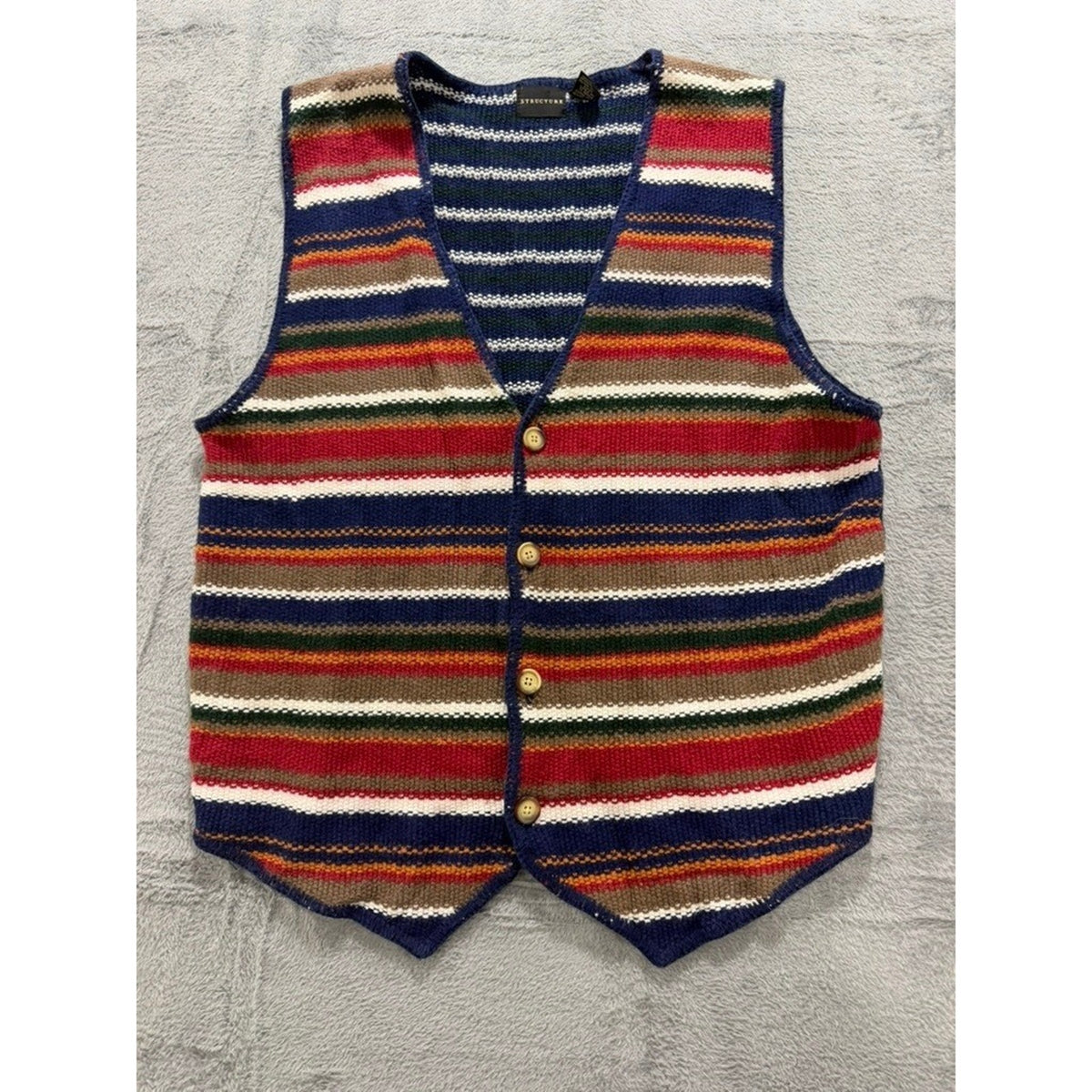 Structure Sweater Vest Mens XL Multicolor Striped Knit Button V Neck Retro