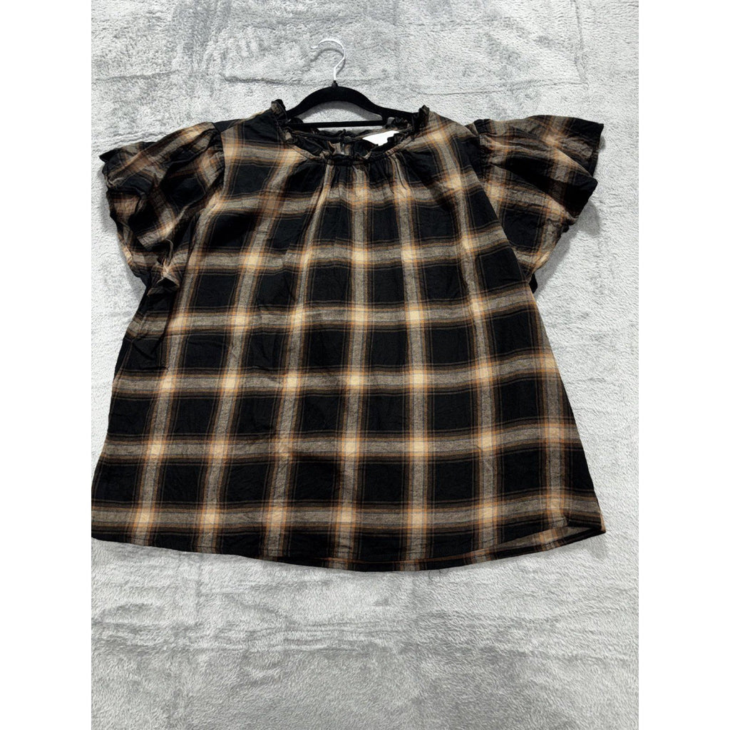 Time and Tru Womens XL Lot of 2 Tops Plaid Flutter Sleeve Top Black Tee Casual