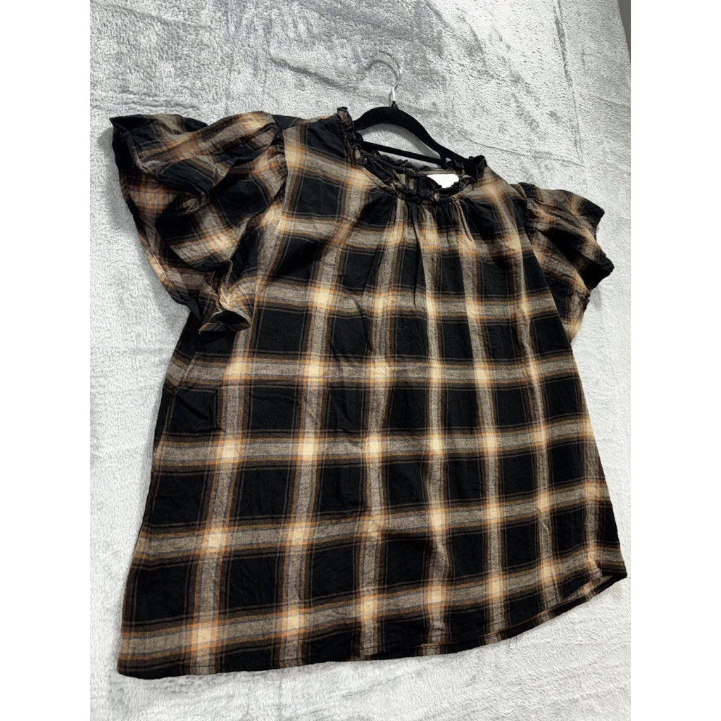 Time and Tru Womens XL Lot of 2 Tops Plaid Flutter Sleeve Top Black Tee Casual
