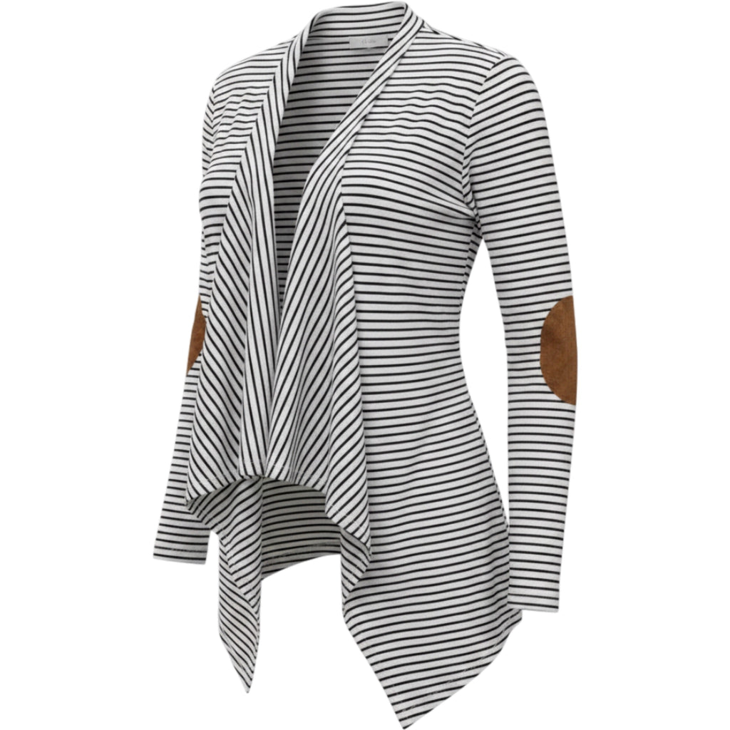 Rain Striped Drape Cardigan Womens Small Black White Elbow Patch Open Front