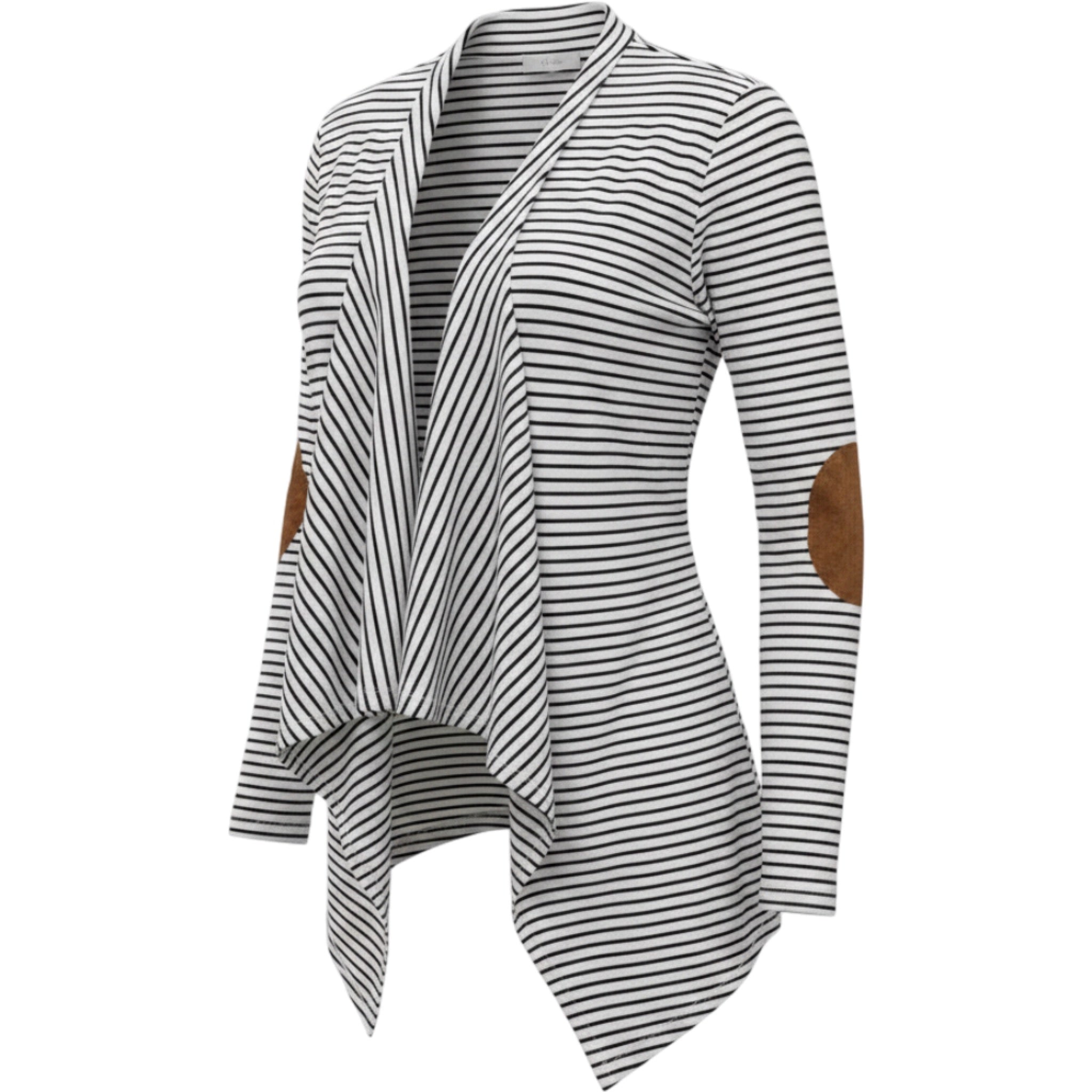 Rain Striped Drape Cardigan Womens Small Black White Elbow Patch Open Front