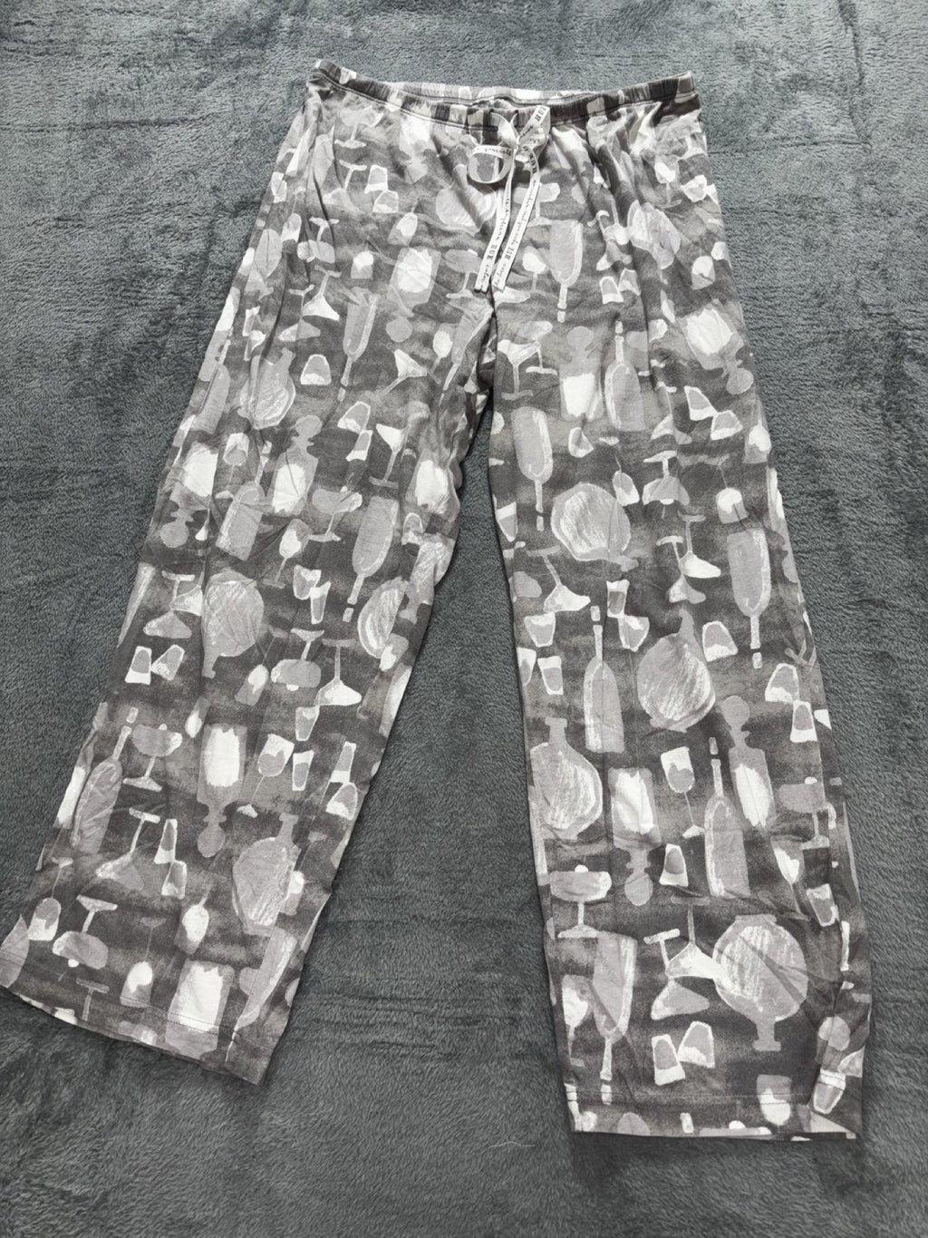 HUE Womens M Gray White Wine Glass Print Pajama Pants Cozy Casual