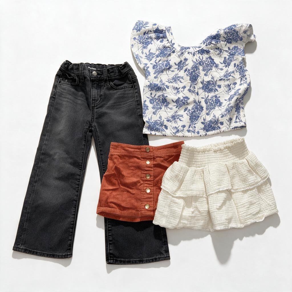 Old Navy Girls Sizes 5 to 7 4 Piece Bundle Jeans Skirts Top Cat and Jack btween