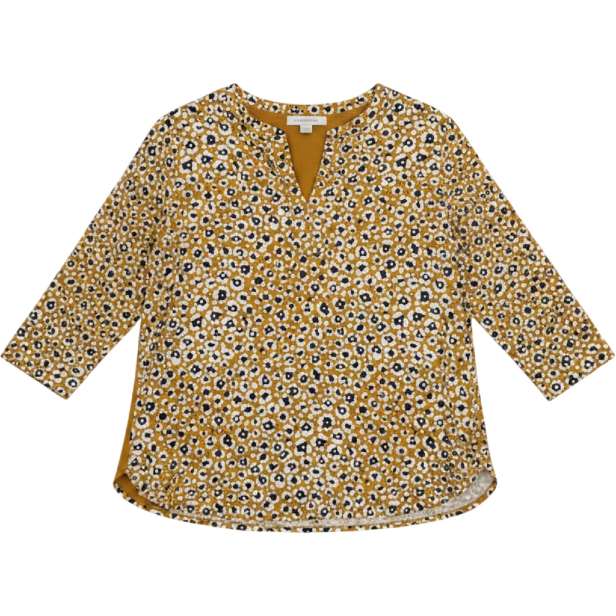 Van Heusen Mustard Floral V-Neck Blouse Women Medium 3/4 Sleeve Top Shirt casual