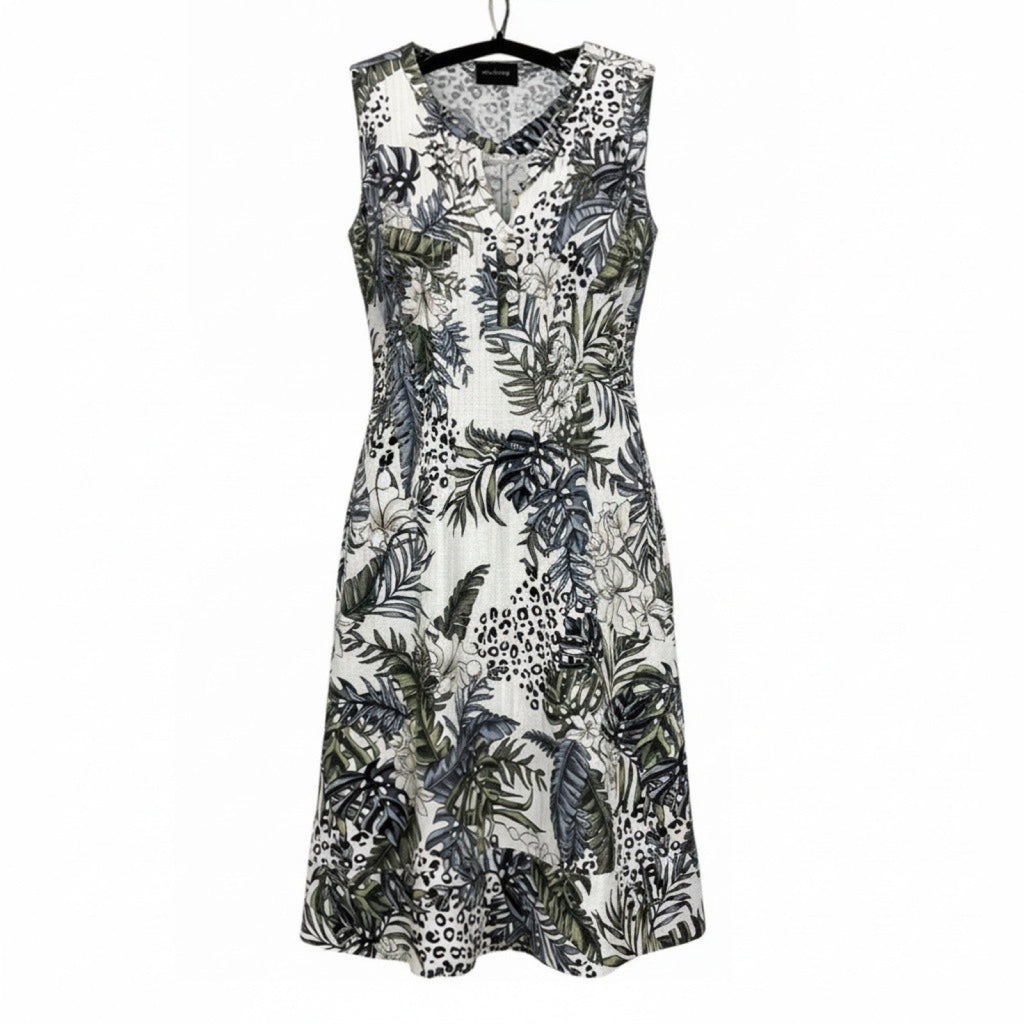 Tahari Womens M White Green Tropical Print Sleeveless Shift Dress Boho Coastal