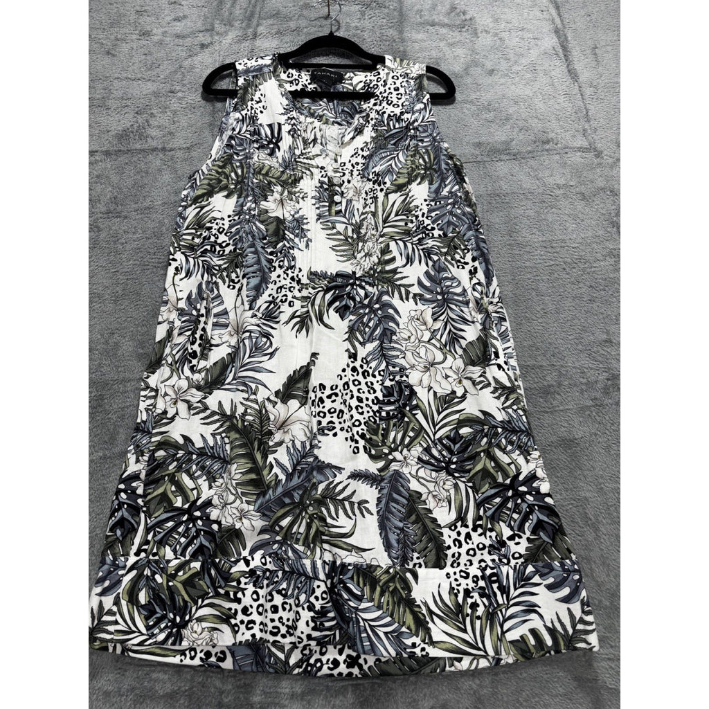 Tahari Womens M White Green Tropical Print Sleeveless Shift Dress Boho Coastal