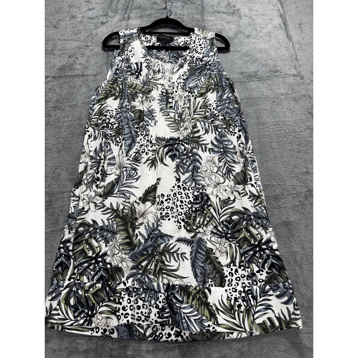 Tahari Womens M White Green Tropical Print Sleeveless Shift Dress Boho Coastal