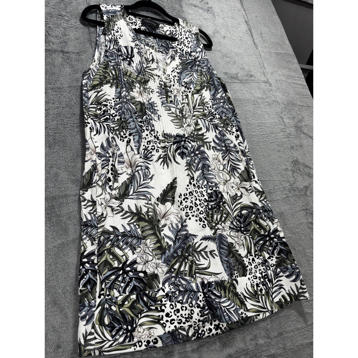 Tahari Womens M White Green Tropical Print Sleeveless Shift Dress Boho Coastal