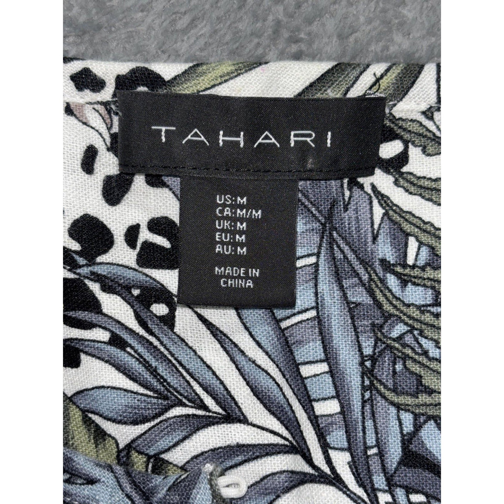 Tahari Womens M White Green Tropical Print Sleeveless Shift Dress Boho Coastal