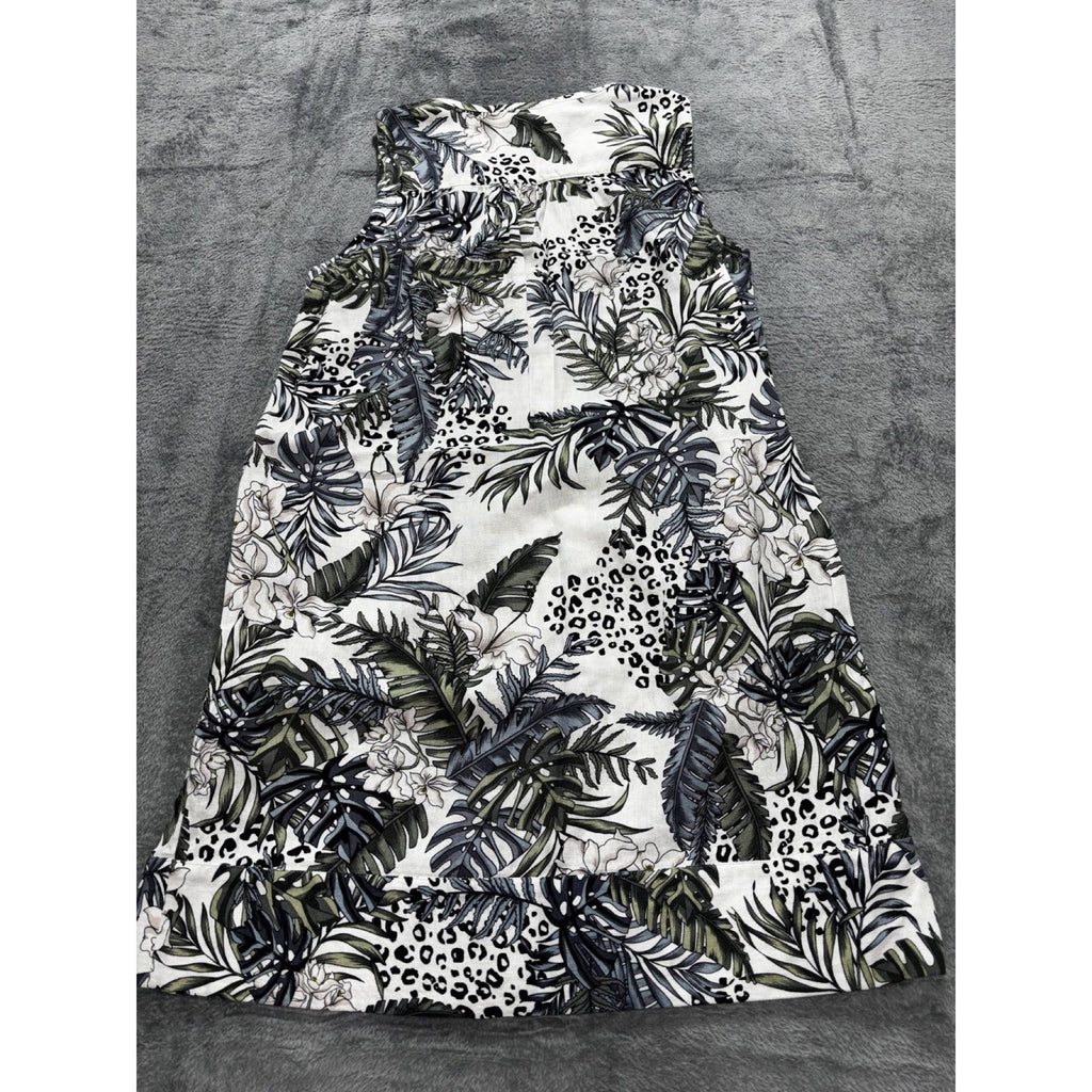 Tahari Womens M White Green Tropical Print Sleeveless Shift Dress Boho Coastal