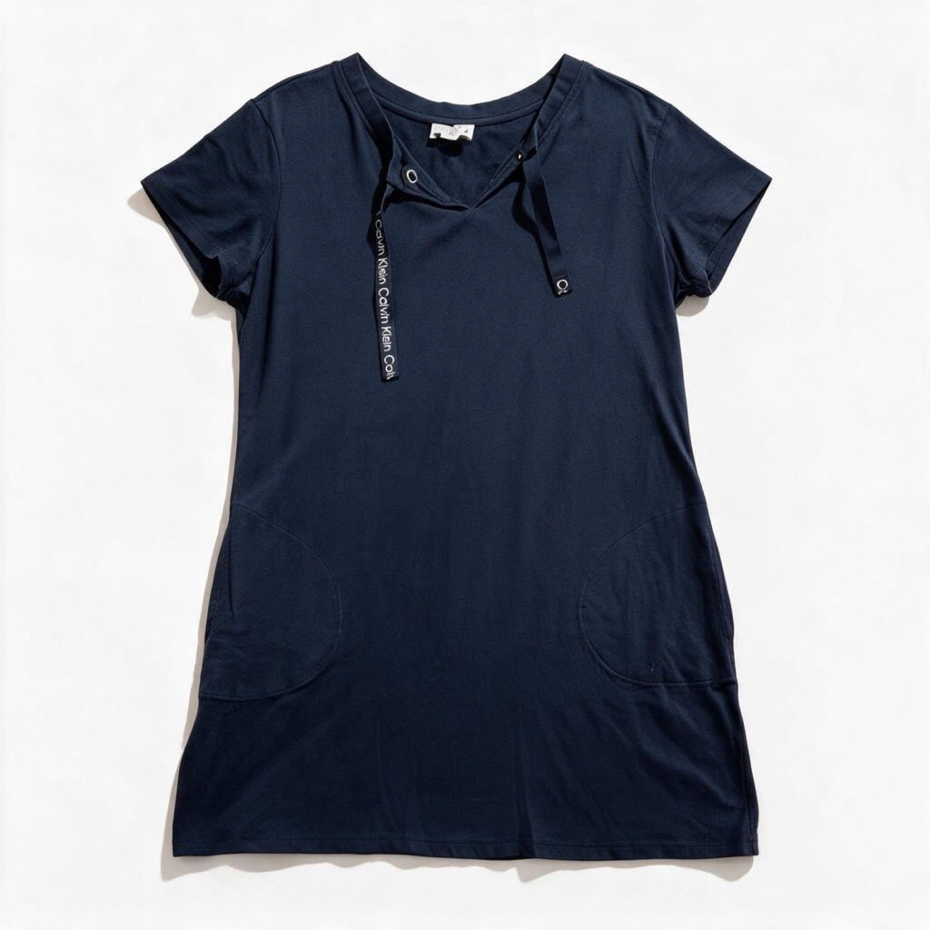 Calvin Klein Womens XL Navy Blue Tie Neck T-Shirt Dress Casual Minimalist