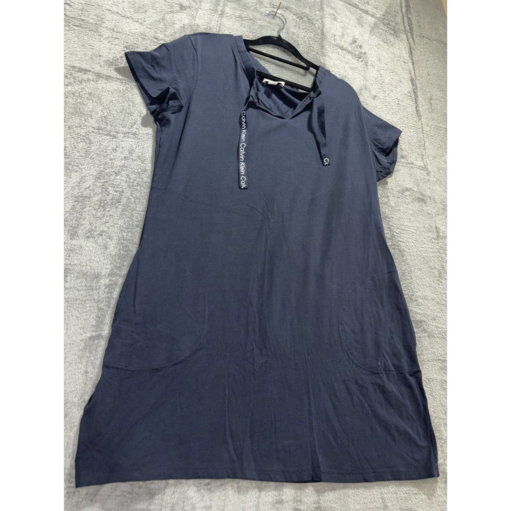 Calvin Klein Womens XL Navy Blue Tie Neck T-Shirt Dress Casual Minimalist