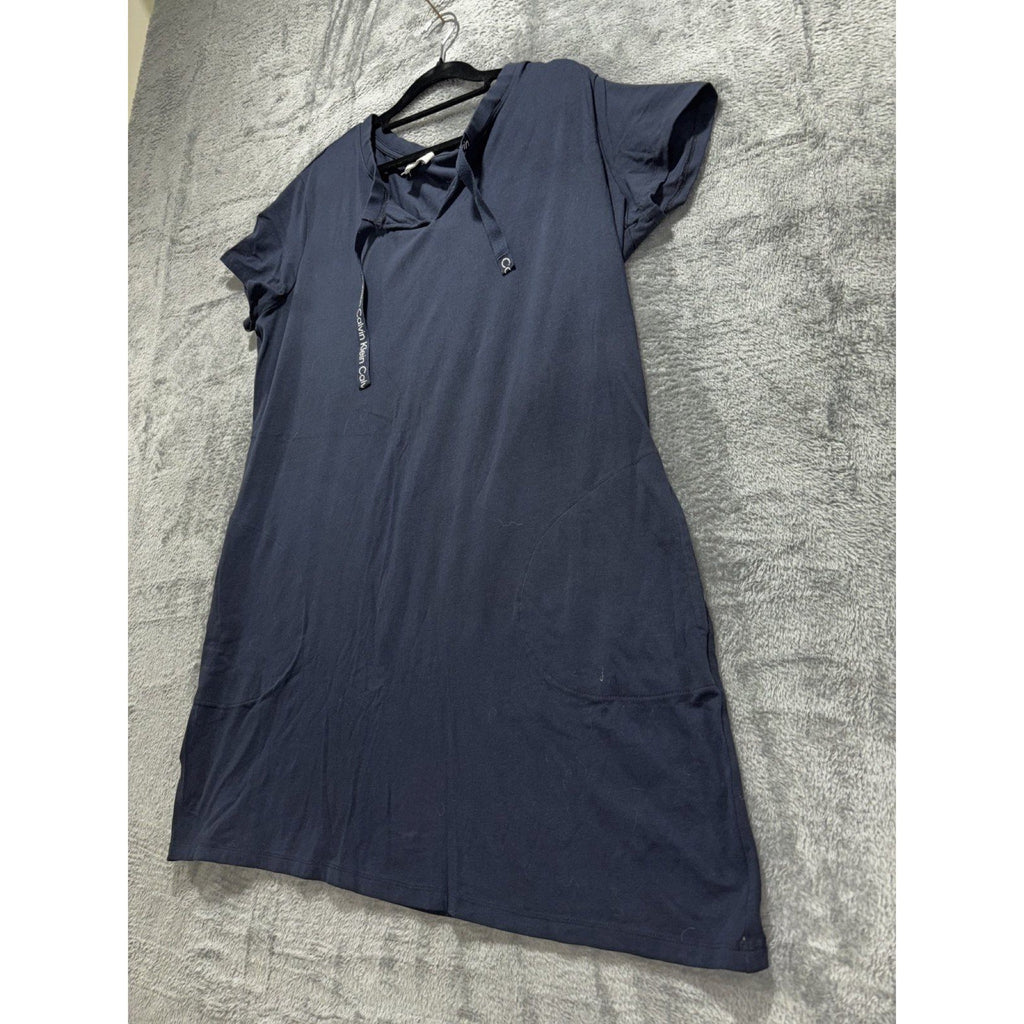 Calvin Klein Womens XL Navy Blue Tie Neck T-Shirt Dress Casual Minimalist