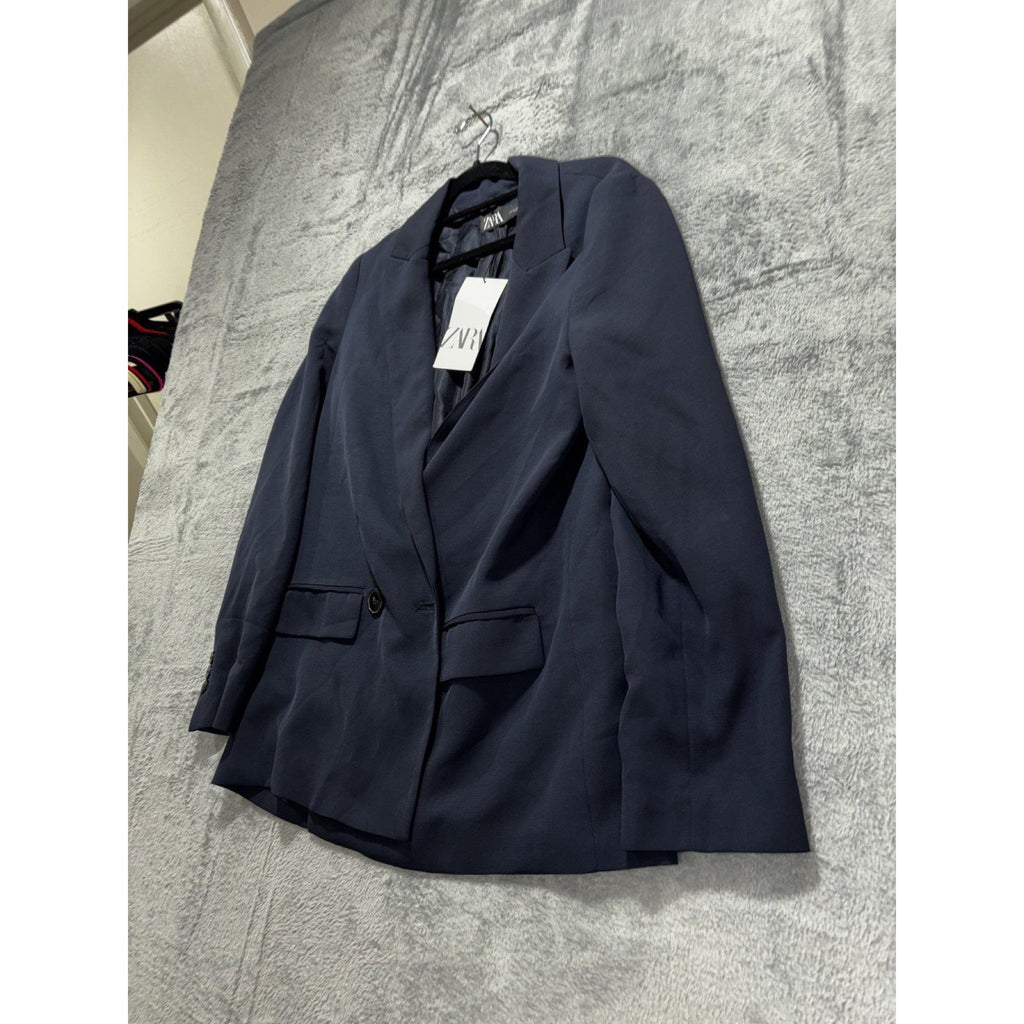 Zara Womens XS Navy Blue Double Breasted Blazer NWT Casual Preppy