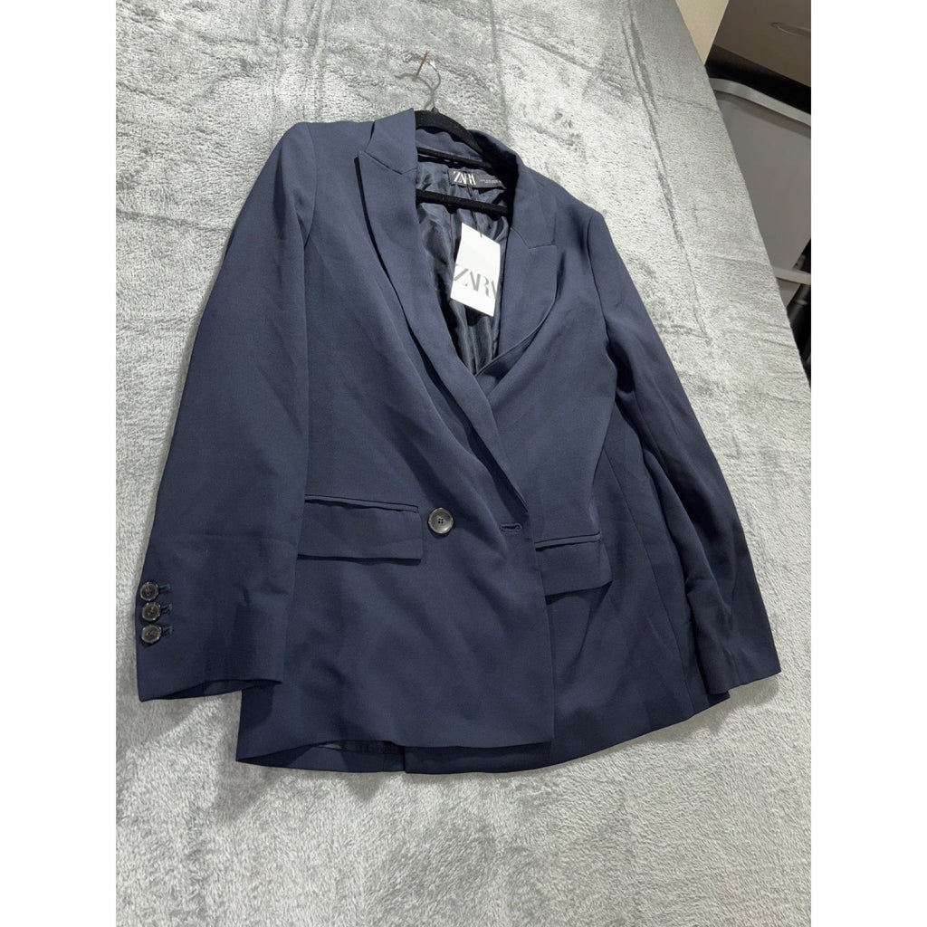 Zara Womens XS Navy Blue Double Breasted Blazer NWT Casual Preppy