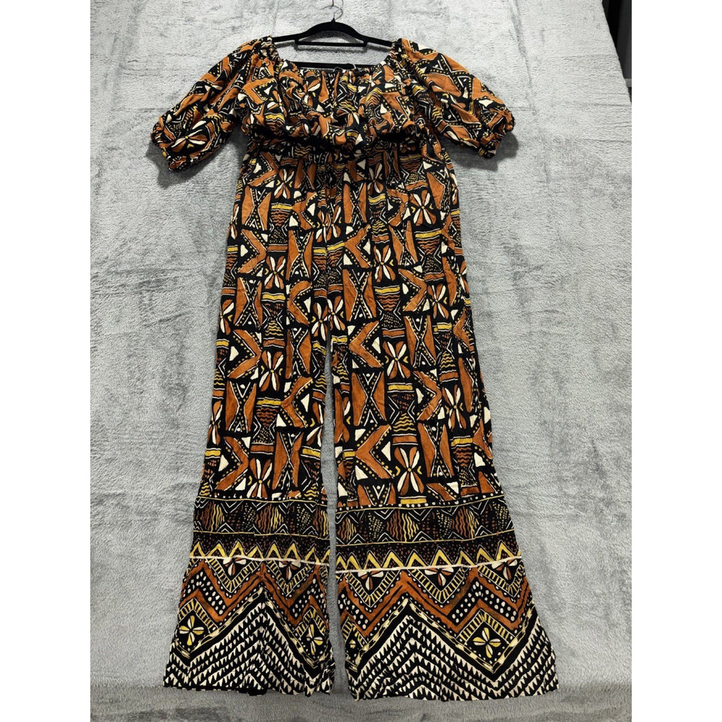 Zara Womens XS Geometric Print 2 Piece Set Crop Top Wide Leg Pants Boho