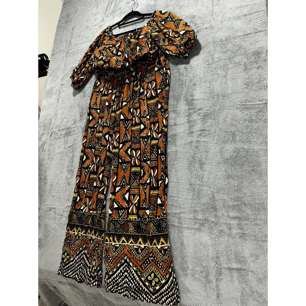 Zara Womens XS Geometric Print 2 Piece Set Crop Top Wide Leg Pants Boho
