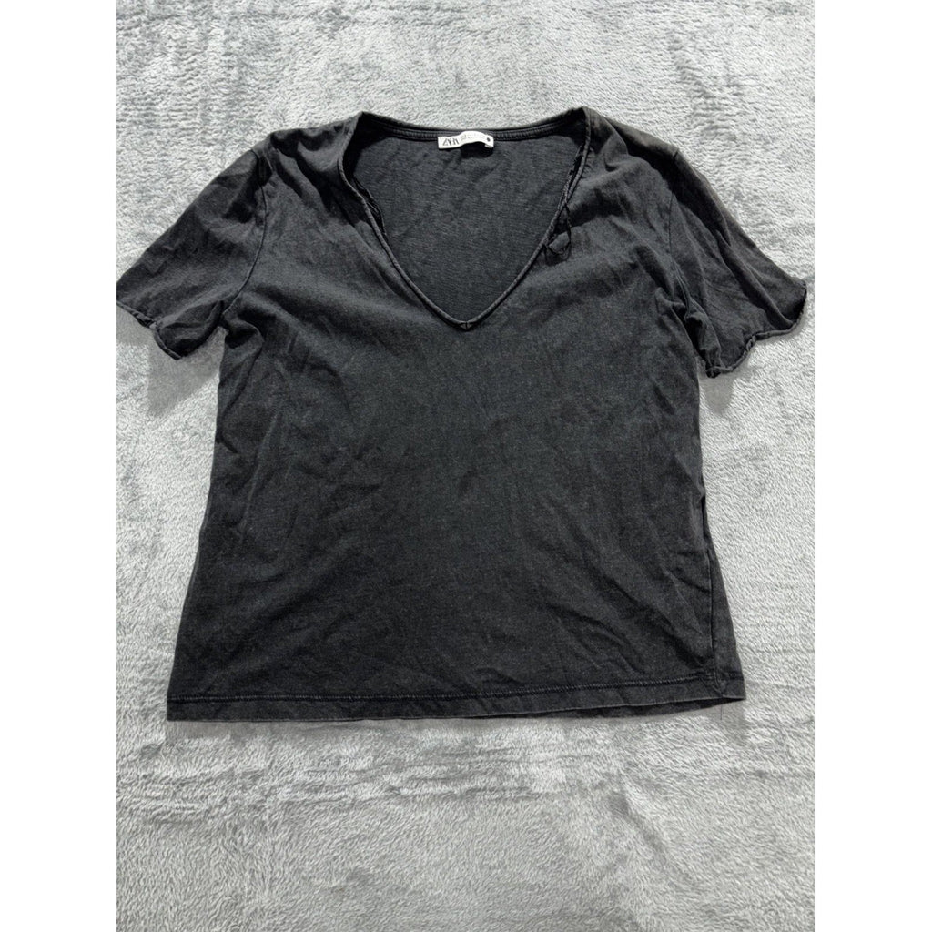 Zara Womens S Charcoal Gray V-Neck Short Sleeve Tee Casual Basic
