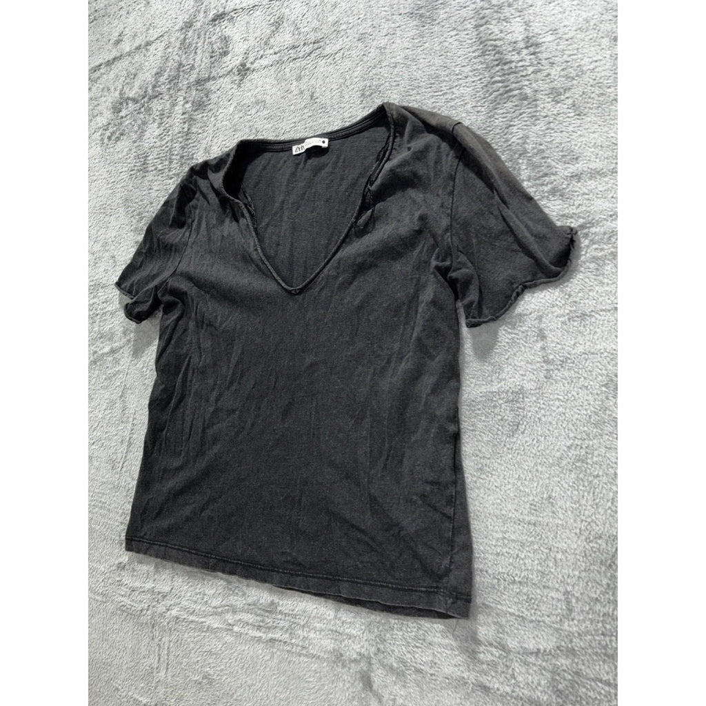 Zara Womens S Charcoal Gray V-Neck Short Sleeve Tee Casual Basic