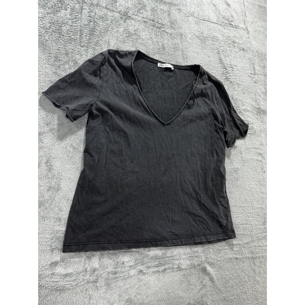 Zara Womens S Charcoal Gray V-Neck Short Sleeve Tee Casual Basic