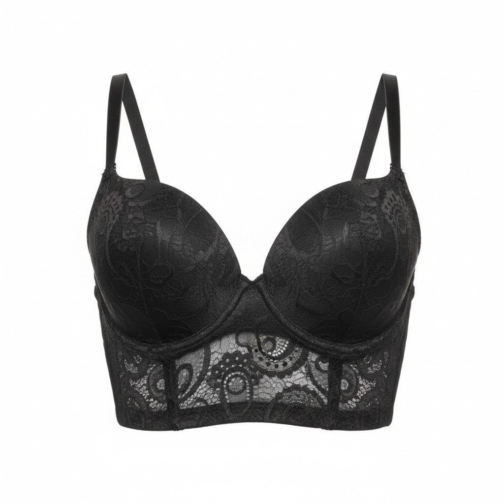 Womens Black Lace Longline Bra Top Padded Cups 38/85 No Brand Tag