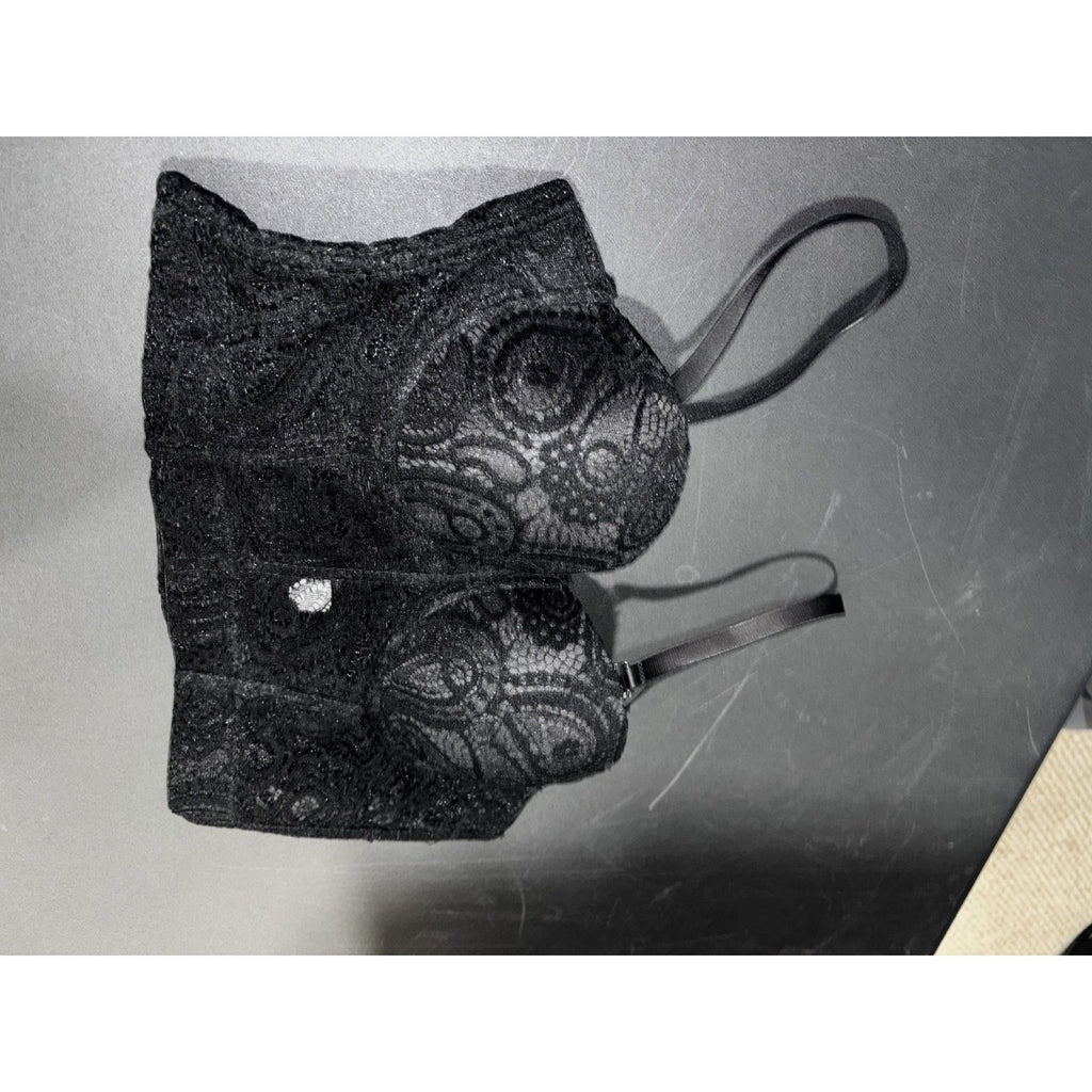 Womens Black Lace Longline Bra Top Padded Cups 38/85 No Brand Tag