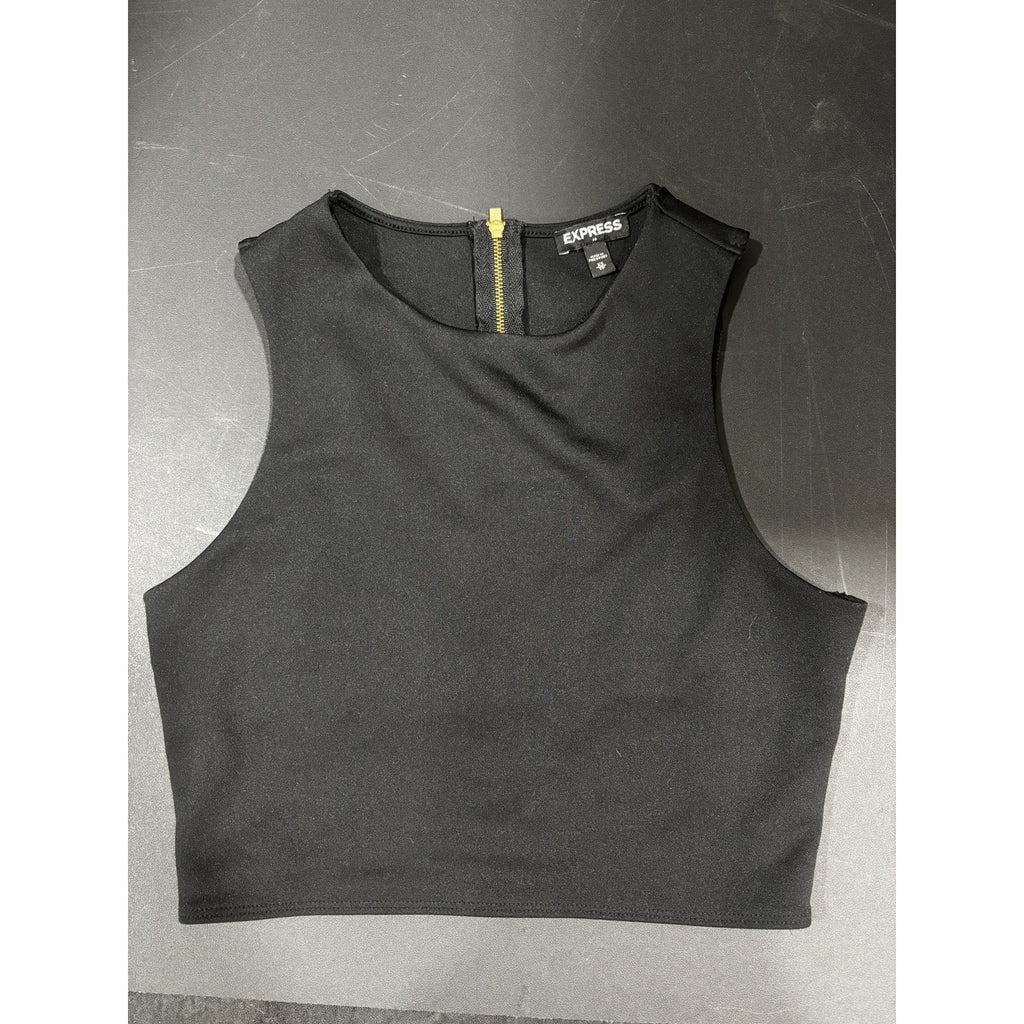 Express Womens XS Black Crop Top Sleeveless Gold Zipper Minimalist